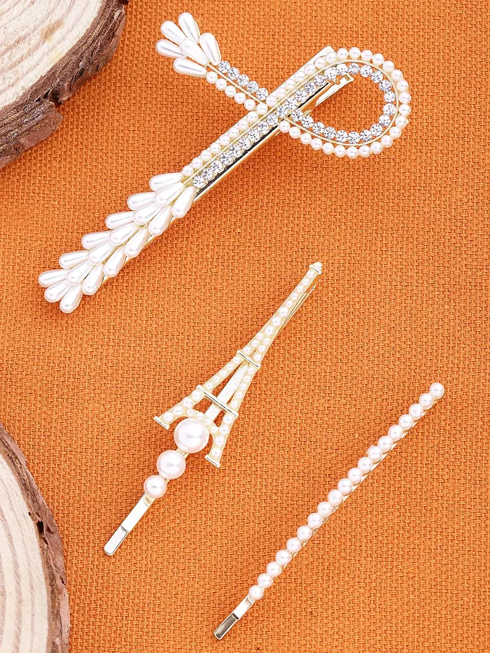 Bracelets Yellow Chimes Yellow Chimes 3 pcs Iffil Tower Design Pearl Metal Hair Clip Allegator Pin Hair Accessories Boddy Pin Accessories for Women Girls White Medium