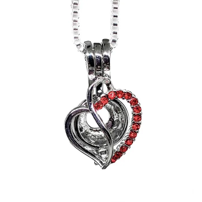 CPSP185 Necklaces Cage Pendant Silver Plated Center Swirl Heart Red Rhinestones CPSP185 Necklaces Cage Pendant Silver Plated Center Swirl Heart Red Rhinestones