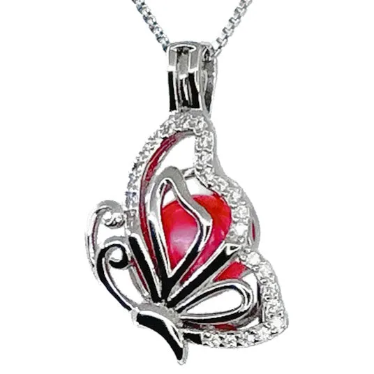 CPST057 Cage Pendant 925 Sterling Silver Butterfly wRhinestones Necklaces