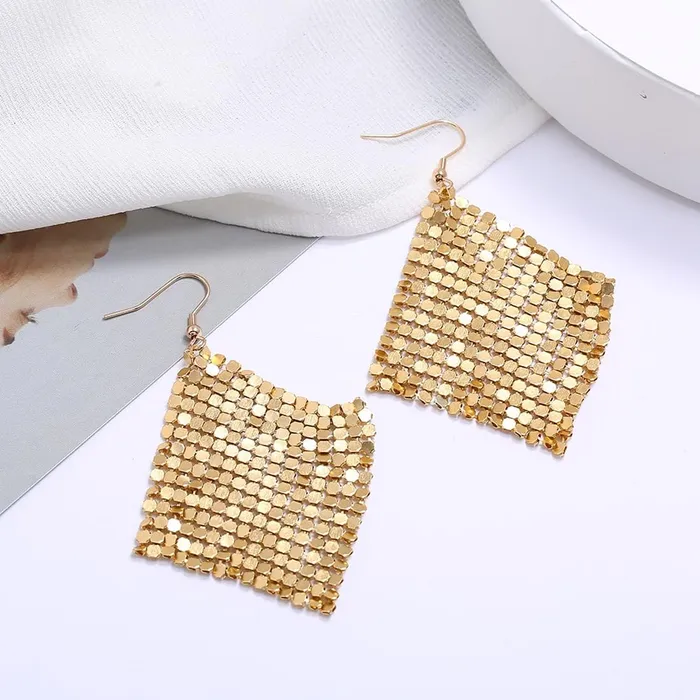 Earrings Kairangi Kairangi Tassel Earrings for Women Metallic Mesh Grid Sequins Golden Tassel Long Drop Earrings Women and Girls