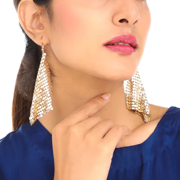 Earrings Kairangi Kairangi Tassel Earrings for Women Metallic Mesh Grid Sequins Golden Tassel Long Drop Earrings Women and Girls