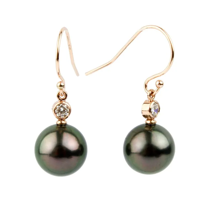 Earrings Kamoka Pearl Tahitian Pearl Diamond Aurora French Hook Earrings on 14K Rose Gold
