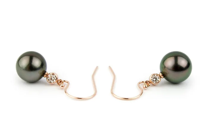 Earrings Kamoka Pearl Tahitian Pearl Diamond Aurora French Hook Earrings on 14K Rose Gold