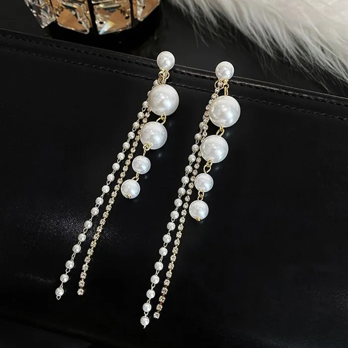 Earrings Yellow Chimes Combo Pearl Dangler Earrings with Gold Plated Long Chains 2 Pairs 12cm Multicolor