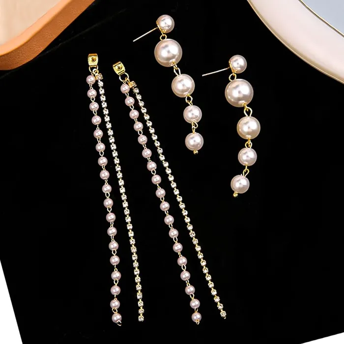 Earrings Yellow Chimes Combo Pearl Dangler Earrings with Gold Plated Long Chains 2 Pairs 12cm Multicolor