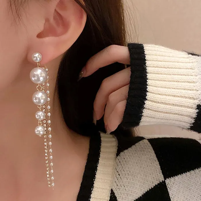 Earrings Yellow Chimes Combo Pearl Dangler Earrings with Gold Plated Long Chains 2 Pairs 12cm Multicolor