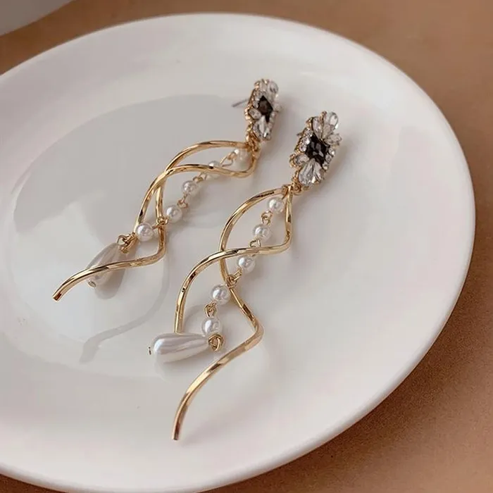 Earrings Yellow Chimes Combo Pearl Dangler Earrings with Gold Plated Long Chains 2 Pairs 12cm Multicolor