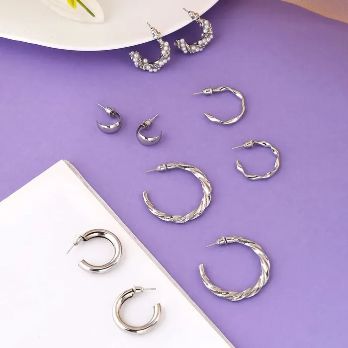 Earrings Yellow Chimes Earrings for Women and Girls Silver Hoops Earrings Combo Silver Toned 5 Pairs Combo Silver Hoop Earrings for Women Birthday Gift for girls and women Anniversary Gift for Wife Yellow Chimes