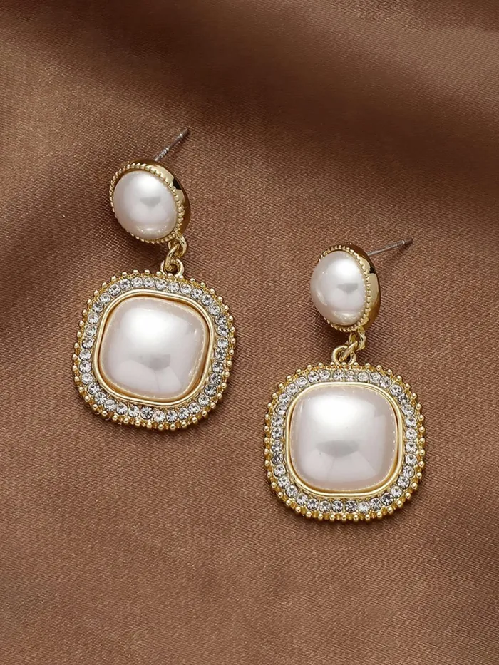 Earrings Yellow Chimes Earrings For Women White Color Pearl Studded Double Drop Earrings For Women and Girls Yellow Chimes