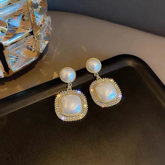 Earrings Yellow Chimes Earrings For Women White Color Pearl Studded Double Drop Earrings For Women and Girls Yellow Chimes
