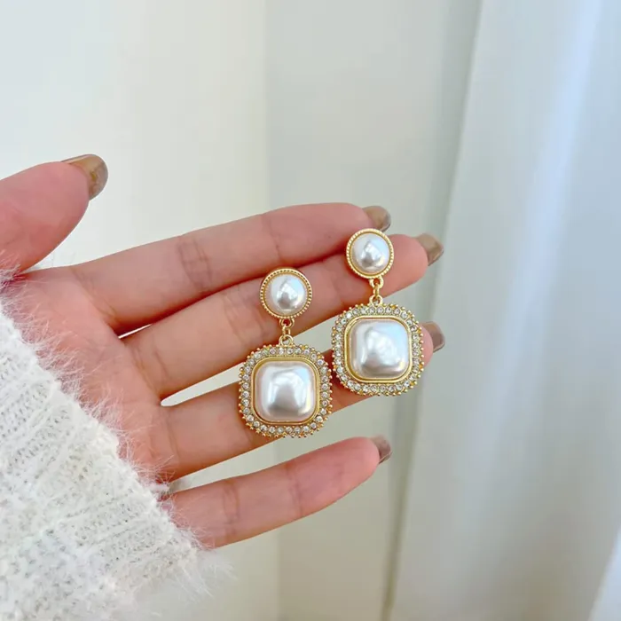 Earrings Yellow Chimes Earrings For Women White Color Pearl Studded Double Drop Earrings For Women and Girls Yellow Chimes