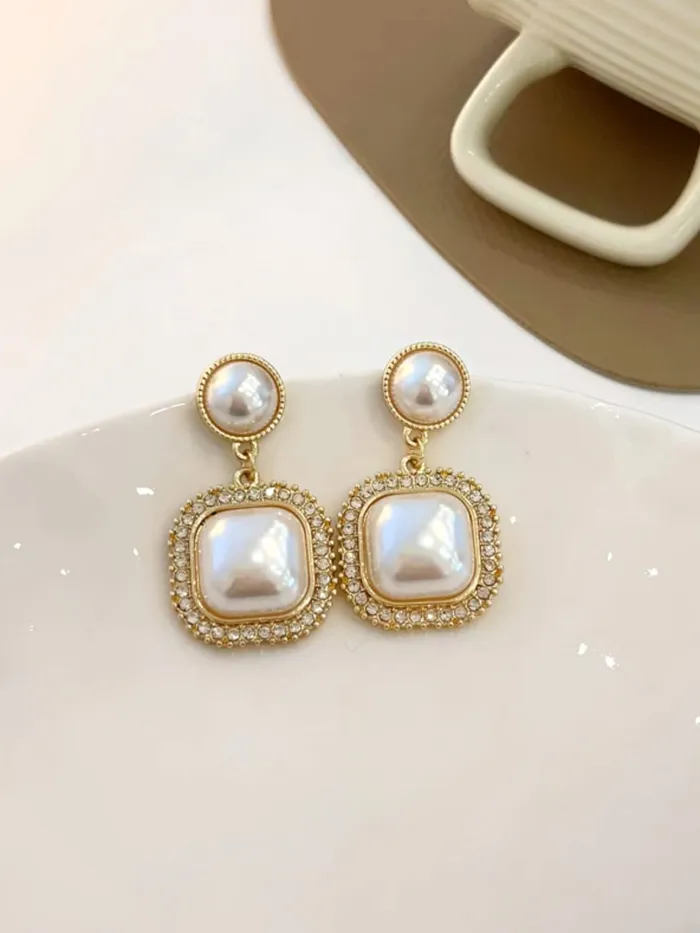 Earrings Yellow Chimes Earrings For Women White Color Pearl Studded Double Drop Earrings For Women and Girls Yellow Chimes