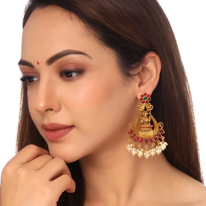 Earrings Yellow Chimes Kairangi Earrings For Women Gold Plated Pink Stone Studded Pearl Beads Traditional Temple Ethnic Drop Earrings For Women and Girls