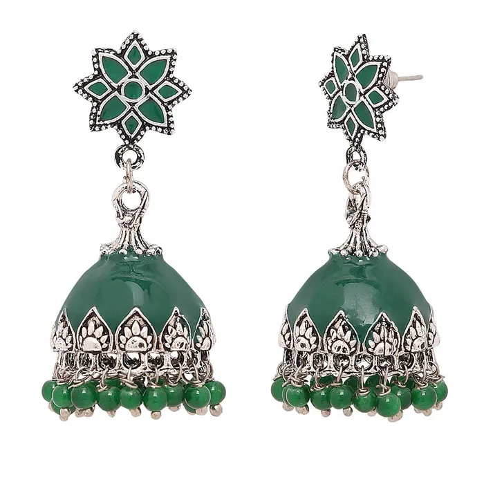 Earrings Yellow Chimes Meenakari Silver Oxidised Jhumka Earrings Artisan Crafted Dark Green Traditional JhumkaJhumki Earrings for Women and Girls Yellow Chimes