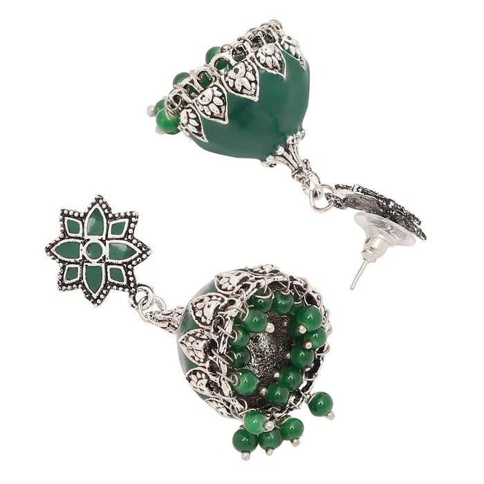 Earrings Yellow Chimes Meenakari Silver Oxidised Jhumka Earrings Artisan Crafted Dark Green Traditional JhumkaJhumki Earrings for Women and Girls Yellow Chimes