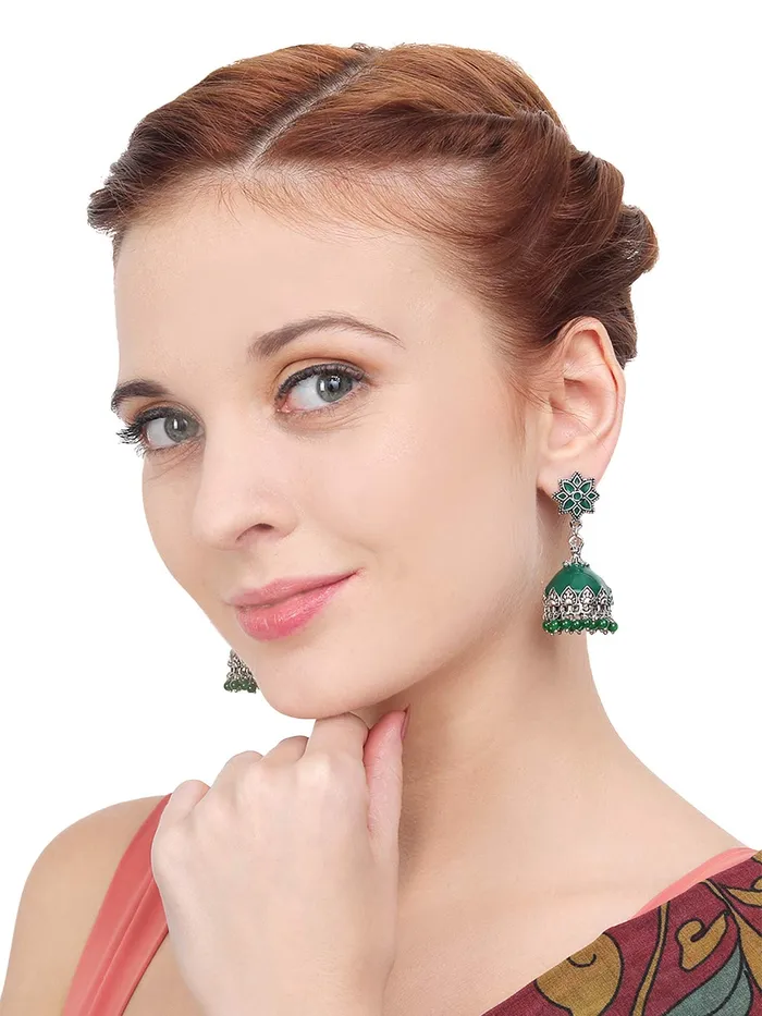 Earrings Yellow Chimes Meenakari Silver Oxidised Jhumka Earrings Artisan Crafted Dark Green Traditional JhumkaJhumki Earrings for Women and Girls Yellow Chimes