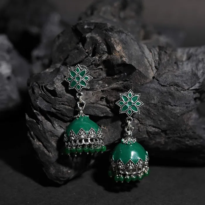 Earrings Yellow Chimes Meenakari Silver Oxidised Jhumka Earrings Artisan Crafted Dark Green Traditional JhumkaJhumki Earrings for Women and Girls Yellow Chimes