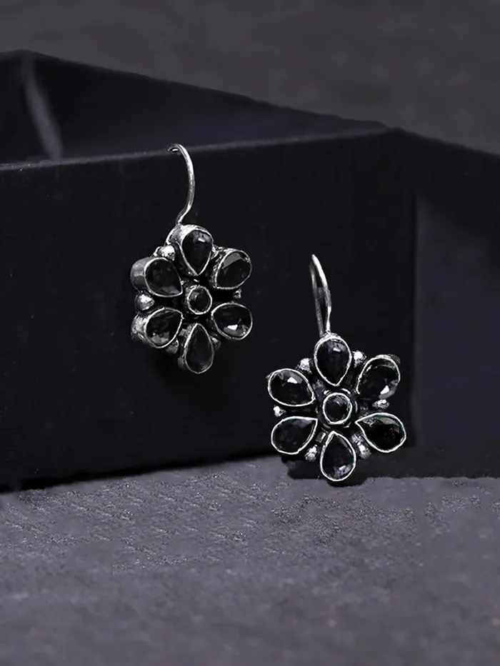 Earrings Yellow Chimes Oxidised Drop Earrings for Women Silver Oxidised Handmand Floral Charm Studded Black Stone Drop Earrings Women And Girls Yellow Chimes
