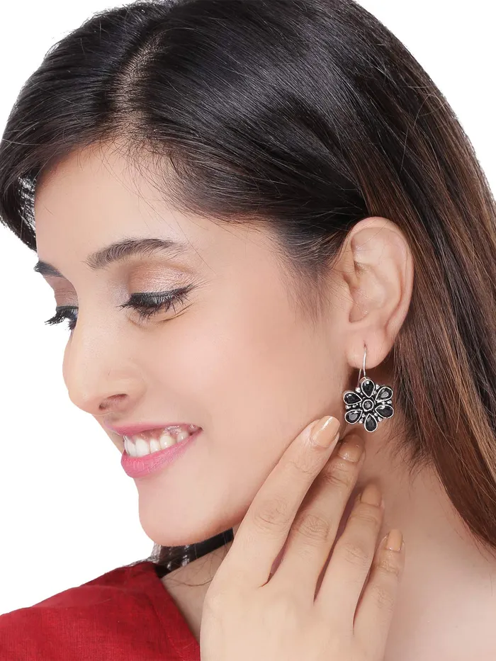 Earrings Yellow Chimes Oxidised Drop Earrings for Women Silver Oxidised Handmand Floral Charm Studded Black Stone Drop Earrings Women And Girls Yellow Chimes