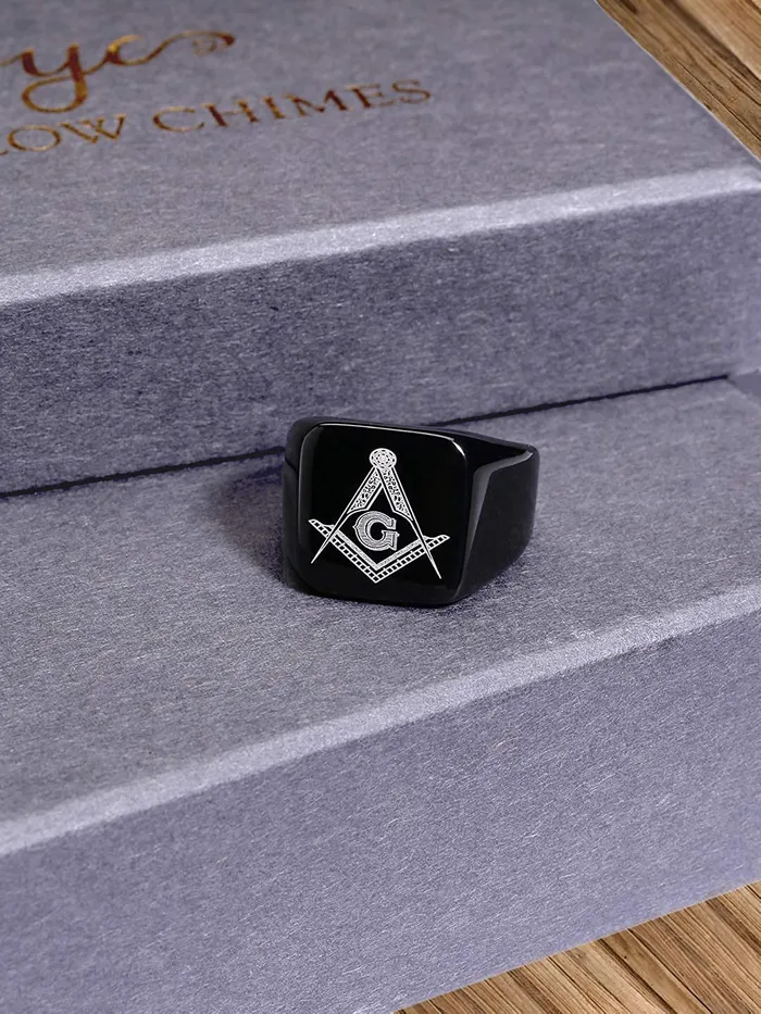 Earrings Yellow Chimes Rings for Men Rock Cool Casual Ring AG Masonic Logo Religious Freemason Symbol Black Titanium Steel Ring for Men Boys 8 Yellow Chimes