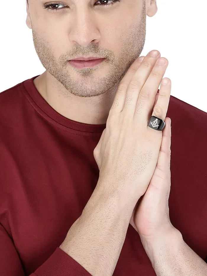 Earrings Yellow Chimes Rings for Men Rock Cool Casual Ring AG Masonic Logo Religious Freemason Symbol Black Titanium Steel Ring for Men Boys 8 Yellow Chimes