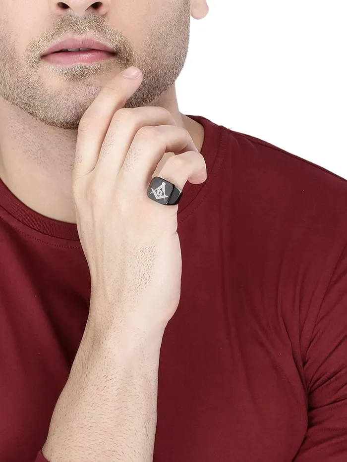 Earrings Yellow Chimes Rings for Men Rock Cool Casual Ring AG Masonic Logo Religious Freemason Symbol Black Titanium Steel Ring for Men Boys 8 Yellow Chimes