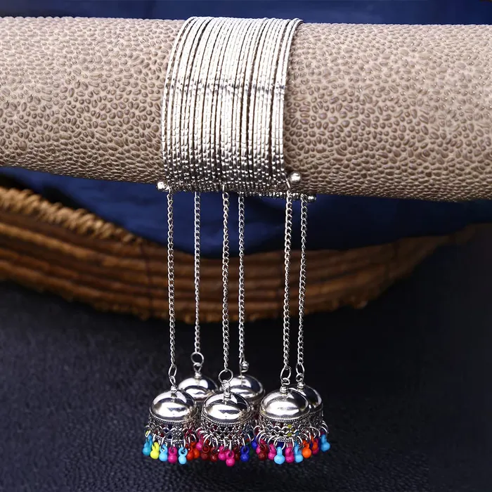Earrings Yellow Chimes Traditional Oxidized Silver Brass Jhumki Latkan Tassels Charms Adjustable Bangle Kadaa Bracelet for Girls and Women Yellow Chimes