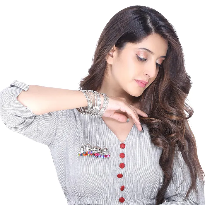 Earrings Yellow Chimes Traditional Oxidized Silver Brass Jhumki Latkan Tassels Charms Adjustable Bangle Kadaa Bracelet for Girls and Women Yellow Chimes