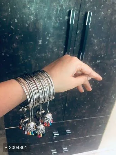 Earrings Yellow Chimes Traditional Oxidized Silver Brass Jhumki Latkan Tassels Charms Adjustable Bangle Kadaa Bracelet for Girls and Women Yellow Chimes