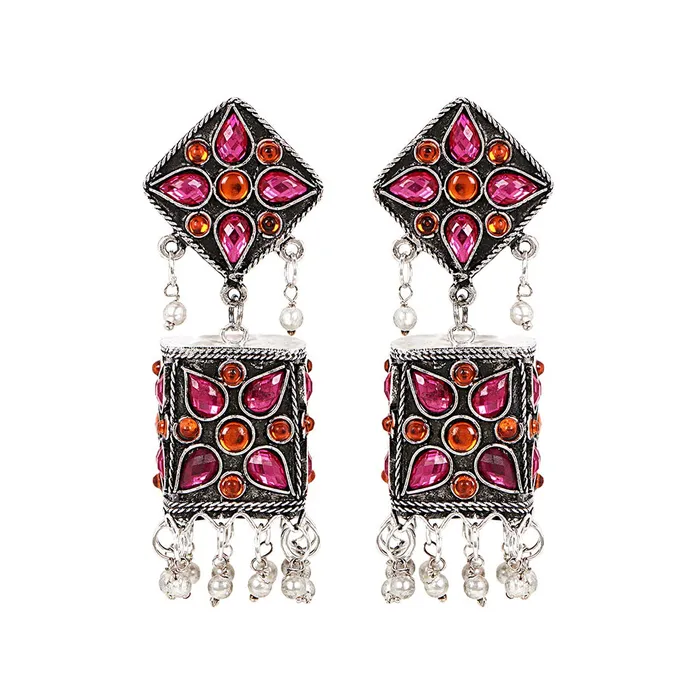 Earrings Yellow Chimes Traditional Silver Oxidised Floral Design Pink Stone Studded Jhumka Jhumki Earrings for Women and Girls Yellow Chimes Earrings Yellow Chimes Traditional Silver Oxidised Floral Design Pink Stone Studded Jhumka Jhumki Earrings for Women and Girls Yellow Chimes
