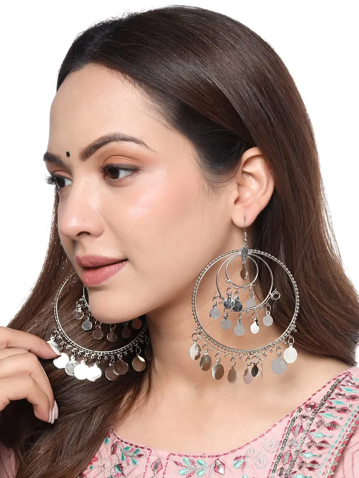 Earrings Yellow Chimes Yellow Chimes Chandbali Earrings for Women Oxidised Silver Combo of 2 Pairs Traditional Chand bali Earrings for Women and Girls