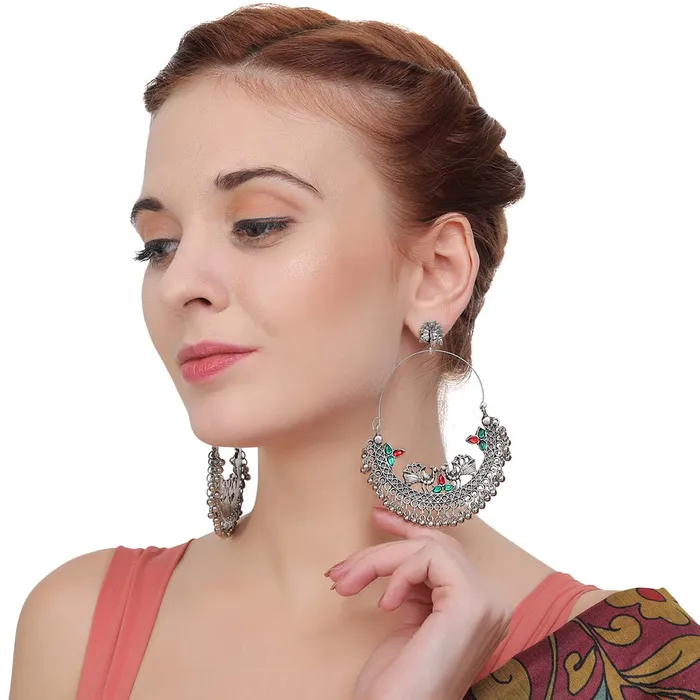 Earrings Yellow Chimes Yellow Chimes Chandbali Earrings for Women Oxidised Silver Combo of 2 Pairs Traditional Chand bali Earrings for Women and Girls