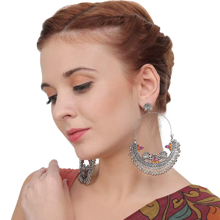 Earrings Yellow Chimes Yellow Chimes Chandbali Earrings for Women Oxidised Silver Combo of 2 Pairs Traditional Chand bali Earrings for Women and Girls