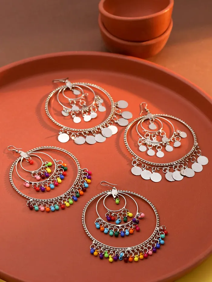Earrings Yellow Chimes Yellow Chimes Chandbali Earrings for Women Oxidised Silver Combo of 2 Pairs Traditional Chand bali Earrings for Women and Girls