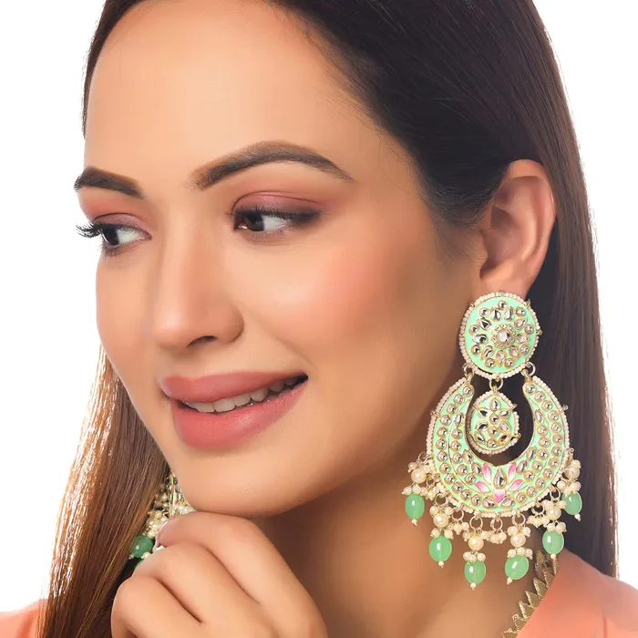 Earrings Yellow Chimes Yellow Chimes Earrings for Women and Girls Traditional Meenakari Chandbali Gold Toned Green Meenakari Chandbali Earrings Birthday Gift for girls and women Anniversary Gift for Wife