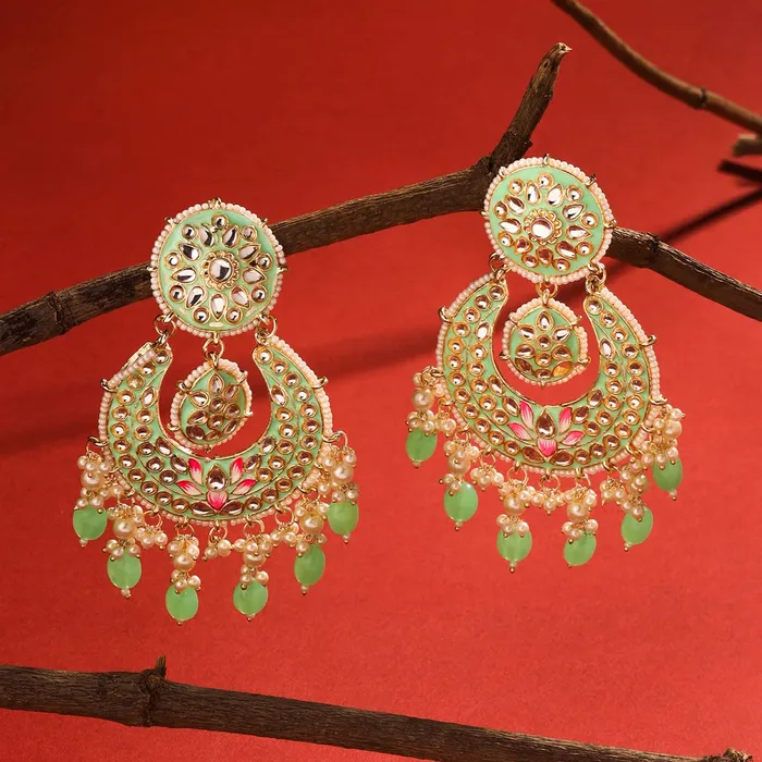 Earrings Yellow Chimes Yellow Chimes Earrings for Women and Girls Traditional Meenakari Chandbali Gold Toned Green Meenakari Chandbali Earrings Birthday Gift for girls and women Anniversary Gift for Wife