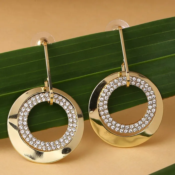 Earrings Yellow Chimes Yellow Chimes Earrings For Women Gold Plated Crystal Studded Double Open Circle Hanging Drop Earrings For Women and Girls