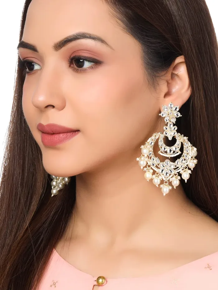 Earrings Yellow Chimes Yellow Chimes Earrings for Women Gold Toned Kundan Studded Pearl Drop Chandbali Designed Drop Earrings for Women and Girls