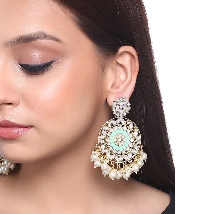 Earrings Yellow Chimes Yellow Chimes Ethnic Gold Plated Green Meenakari Touch Traditional Kundan Studded Round Design Pearl moti Dangler Earrings for Women and Girls Medium YCTJER82KUDCRGR