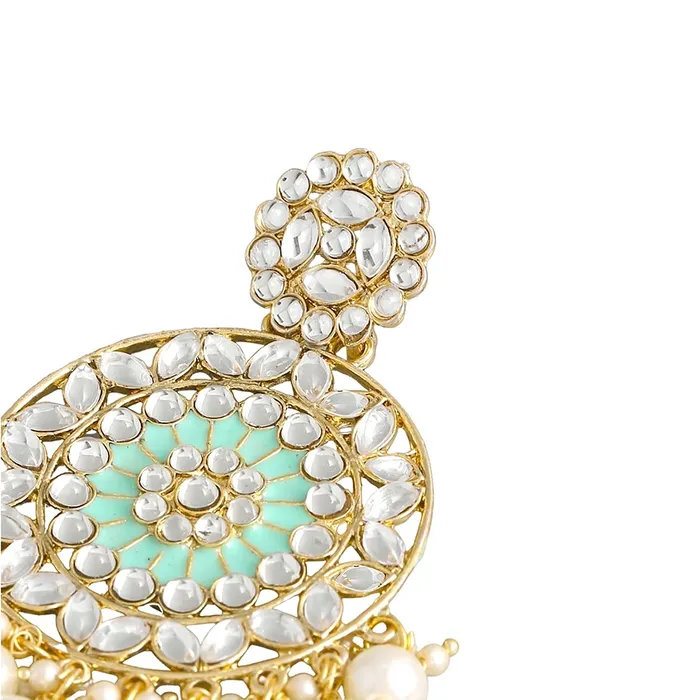 Earrings Yellow Chimes Yellow Chimes Ethnic Gold Plated Green Meenakari Touch Traditional Kundan Studded Round Design Pearl moti Dangler Earrings for Women and Girls Medium YCTJER82KUDCRGR