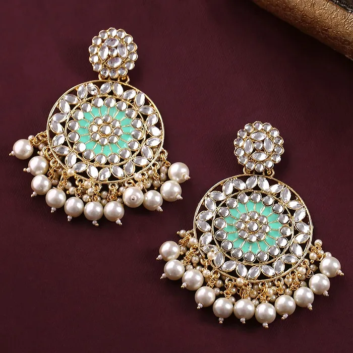Earrings Yellow Chimes Yellow Chimes Ethnic Gold Plated Green Meenakari Touch Traditional Kundan Studded Round Design Pearl moti Dangler Earrings for Women and Girls Medium YCTJER82KUDCRGR