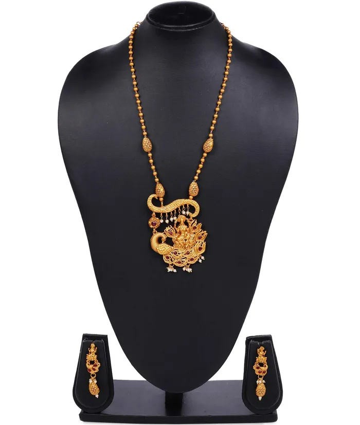 Earrings Yellow Chimes Yellow Chimes Ethnic Temple Jewellery Set Gold Plated Lakshmi Jewelry Set Traditional Long Haram Necklace Set for Women Girls