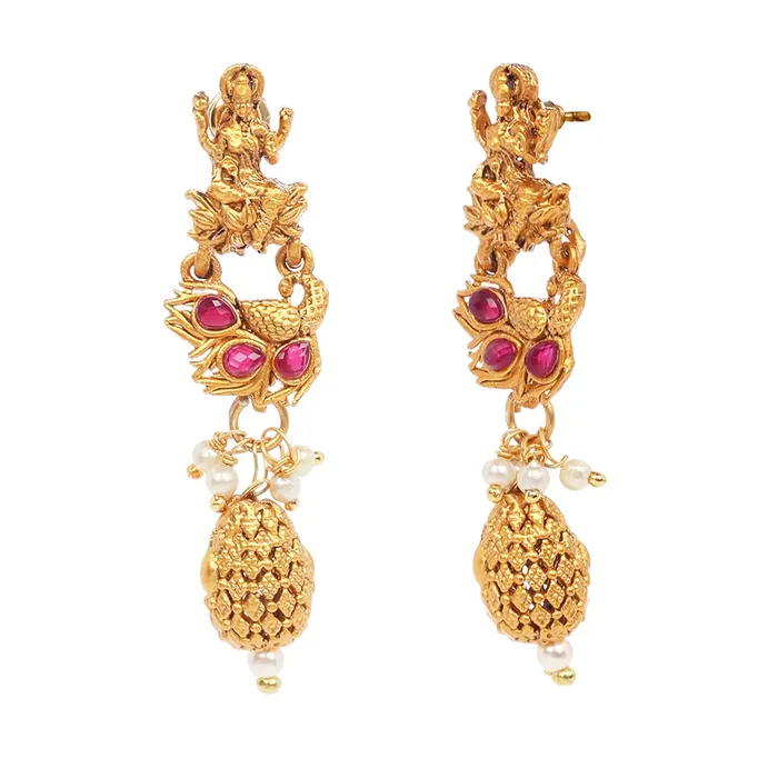 Earrings Yellow Chimes Yellow Chimes Ethnic Temple Jewellery Set Gold Plated Lakshmi Jewelry Set Traditional Long Haram Necklace Set for Women Girls
