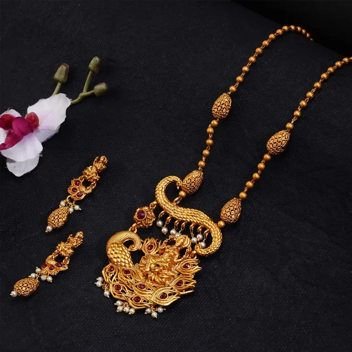 Earrings Yellow Chimes Yellow Chimes Ethnic Temple Jewellery Set Gold Plated Lakshmi Jewelry Set Traditional Long Haram Necklace Set for Women Girls