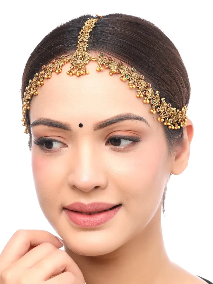 Earrings Yellow Chimes Yellow Chimes Head Chain For Women Gold Toned Bridal layered Beaded Traditional Mathapatti For Women and Girls Gold2
