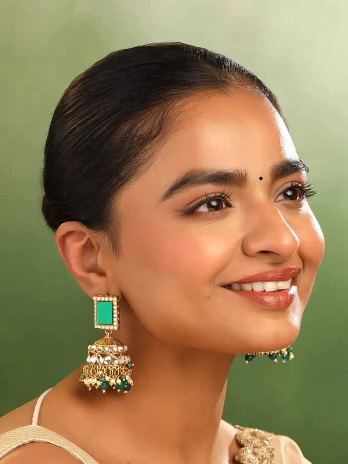Earrings Yellow Chimes Yellow Chimes Jhumka Earrings Elegant Gold Plated Design 65cm Green Accent For Women