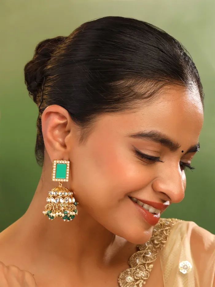 Earrings Yellow Chimes Yellow Chimes Jhumka Earrings Elegant Gold Plated Design 65cm Green Accent For Women