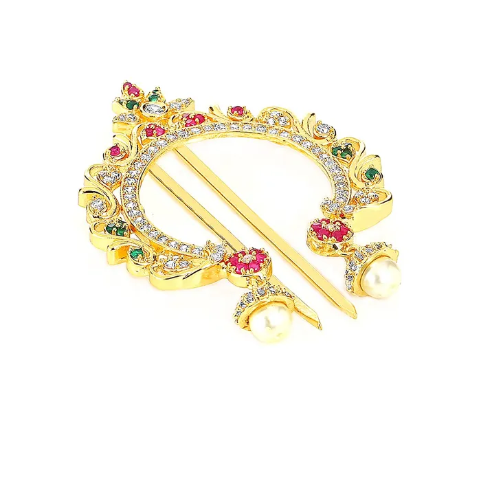 Earrings Yellow Chimes Yellow Chimes Juda Pin for Women ADAmerican Diamond Juda Pin Flower Hair Accessories Gold Plated Bridal Ambada Juda Pin for Women and Girls