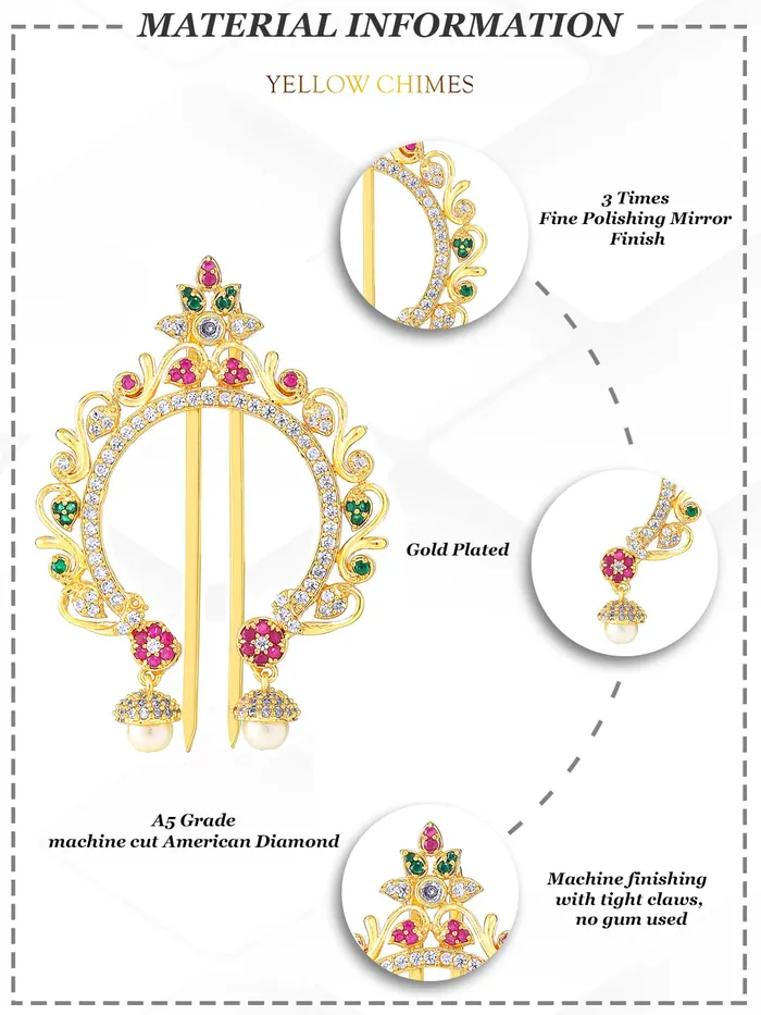 Earrings Yellow Chimes Yellow Chimes Juda Pin for Women ADAmerican Diamond Juda Pin Flower Hair Accessories Gold Plated Bridal Ambada Juda Pin for Women and Girls
