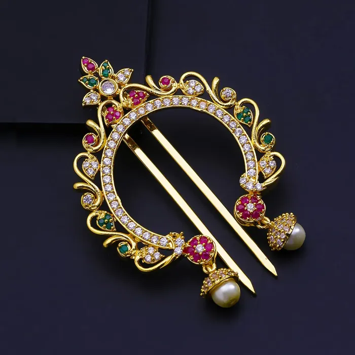 Earrings Yellow Chimes Yellow Chimes Juda Pin for Women ADAmerican Diamond Juda Pin Flower Hair Accessories Gold Plated Bridal Ambada Juda Pin for Women and Girls
